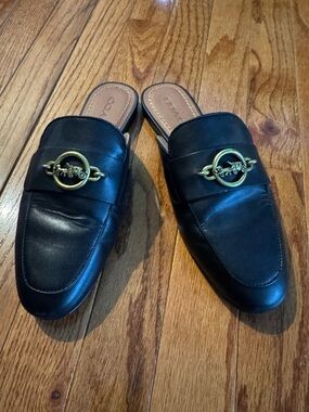 Coach Black Leather Slide Mules with Gold Horsebit Accent